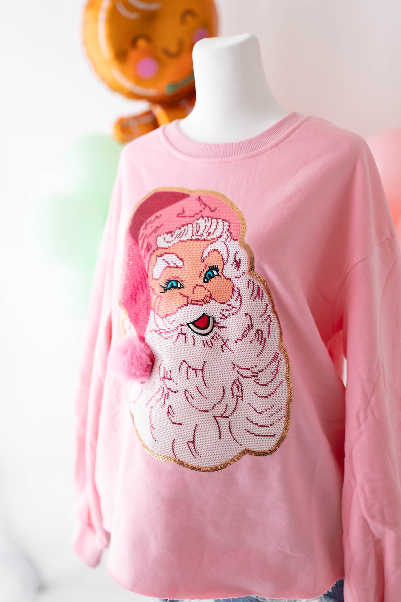 Long Sleeve Light Pink Jolly Santa Face Top Ready to ship