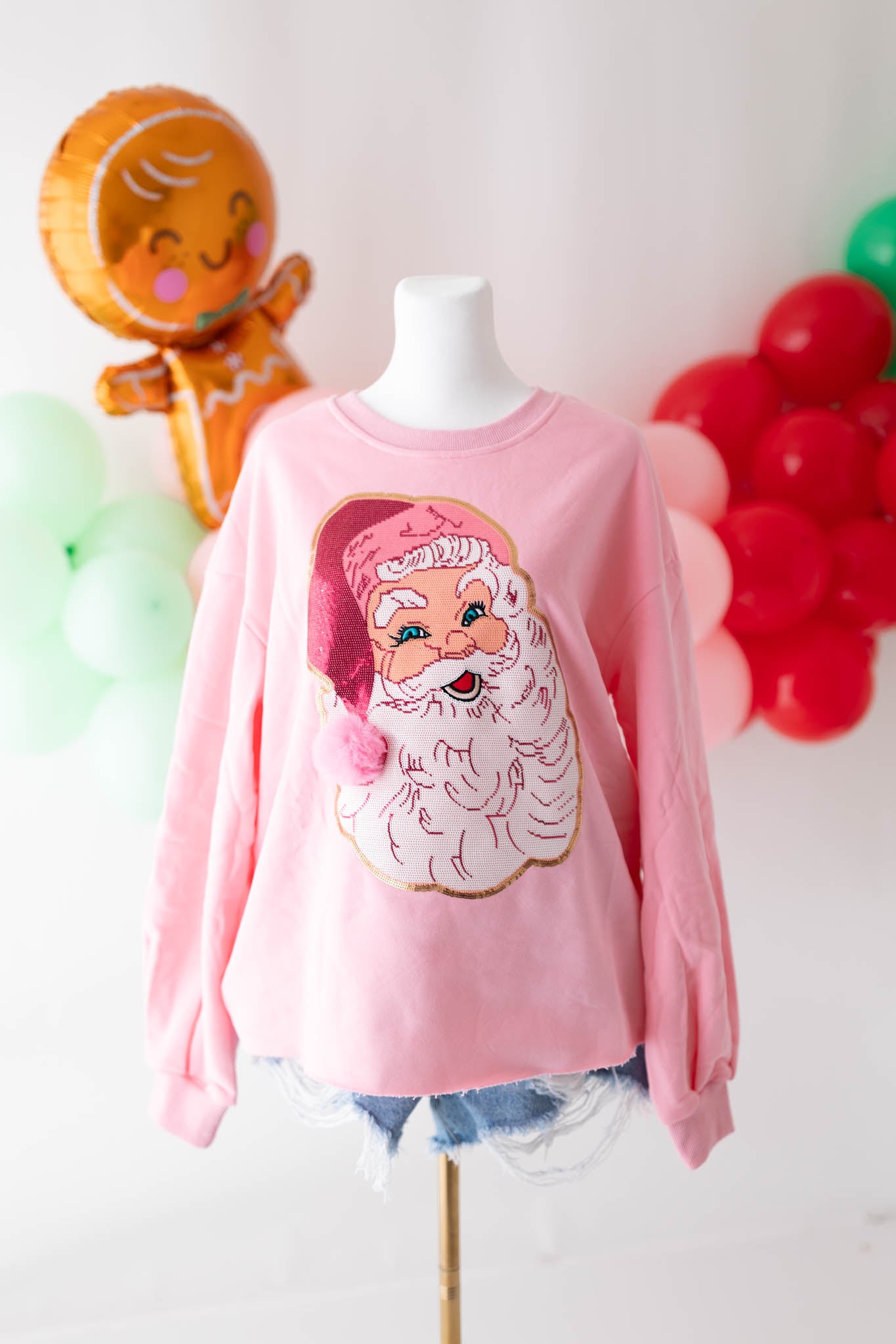 Long Sleeve Light Pink Jolly Santa Face Top Ready to ship