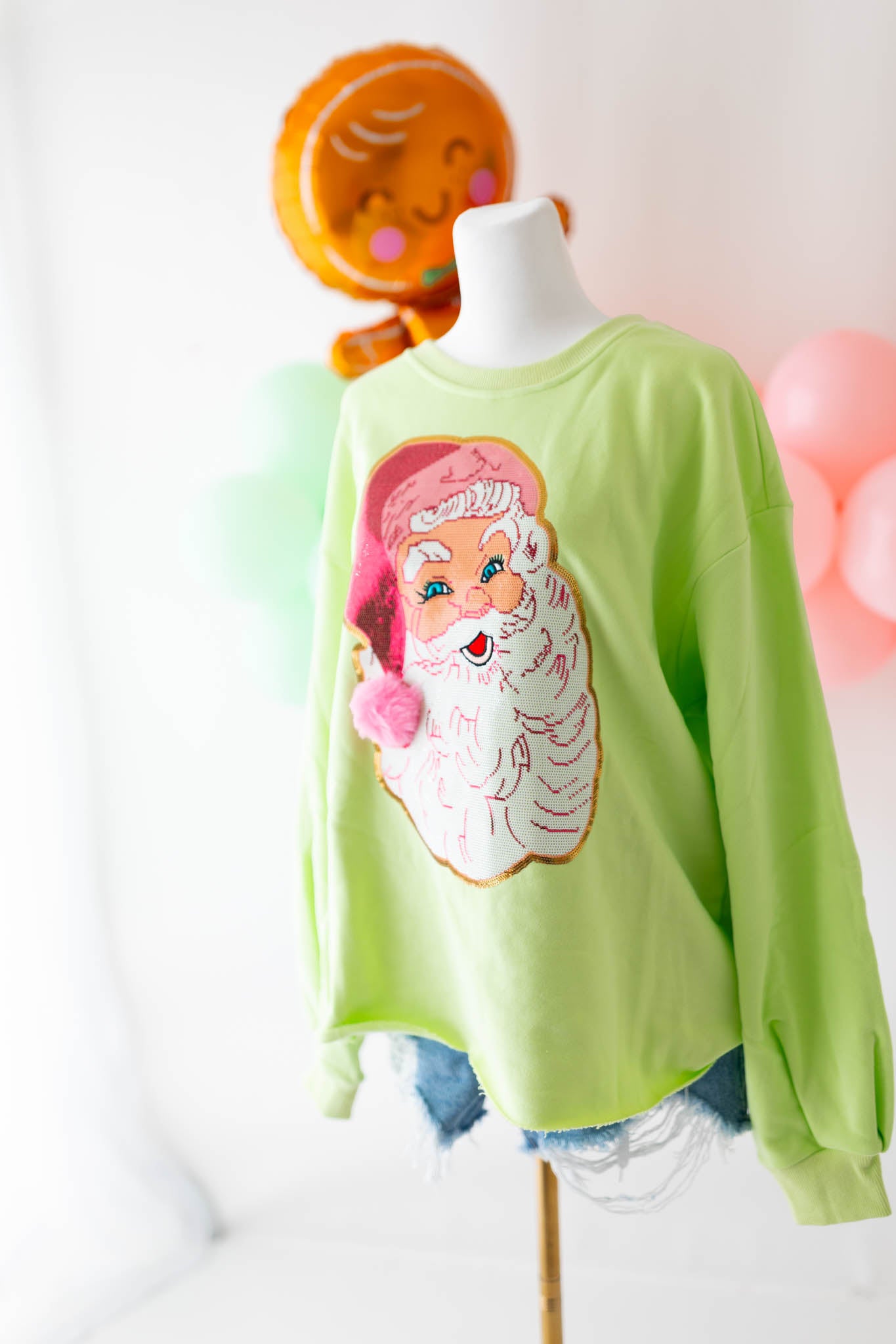 Long Sleeve Lime Green Jolly Santa Face Top Ready to ship