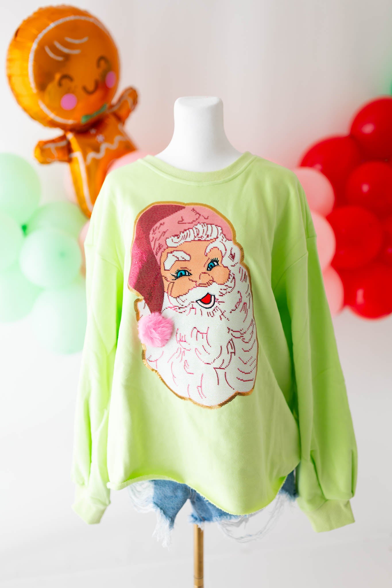 Long Sleeve Lime Green Jolly Santa Face Top Ready to ship