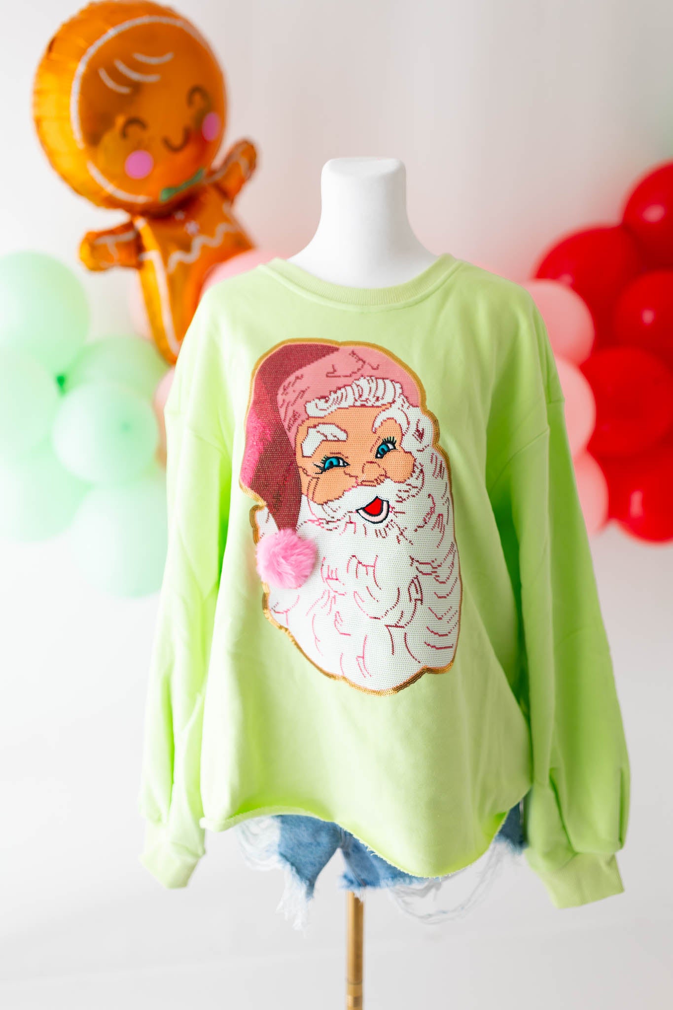 Long Sleeve Lime Green Jolly Santa Face Top Ready to ship