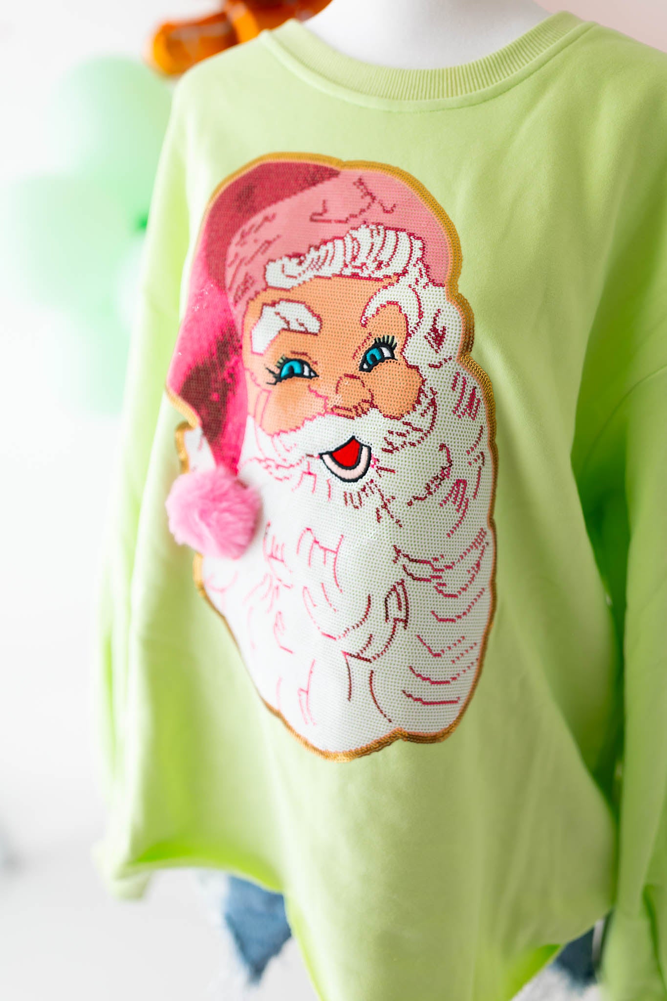 Long Sleeve Lime Green Jolly Santa Face Top Ready to ship