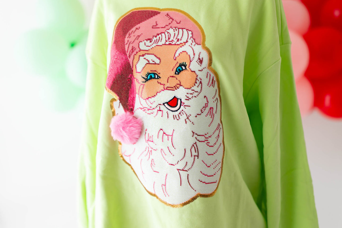 Long Sleeve Lime Green Jolly Santa Face Top Ready to ship