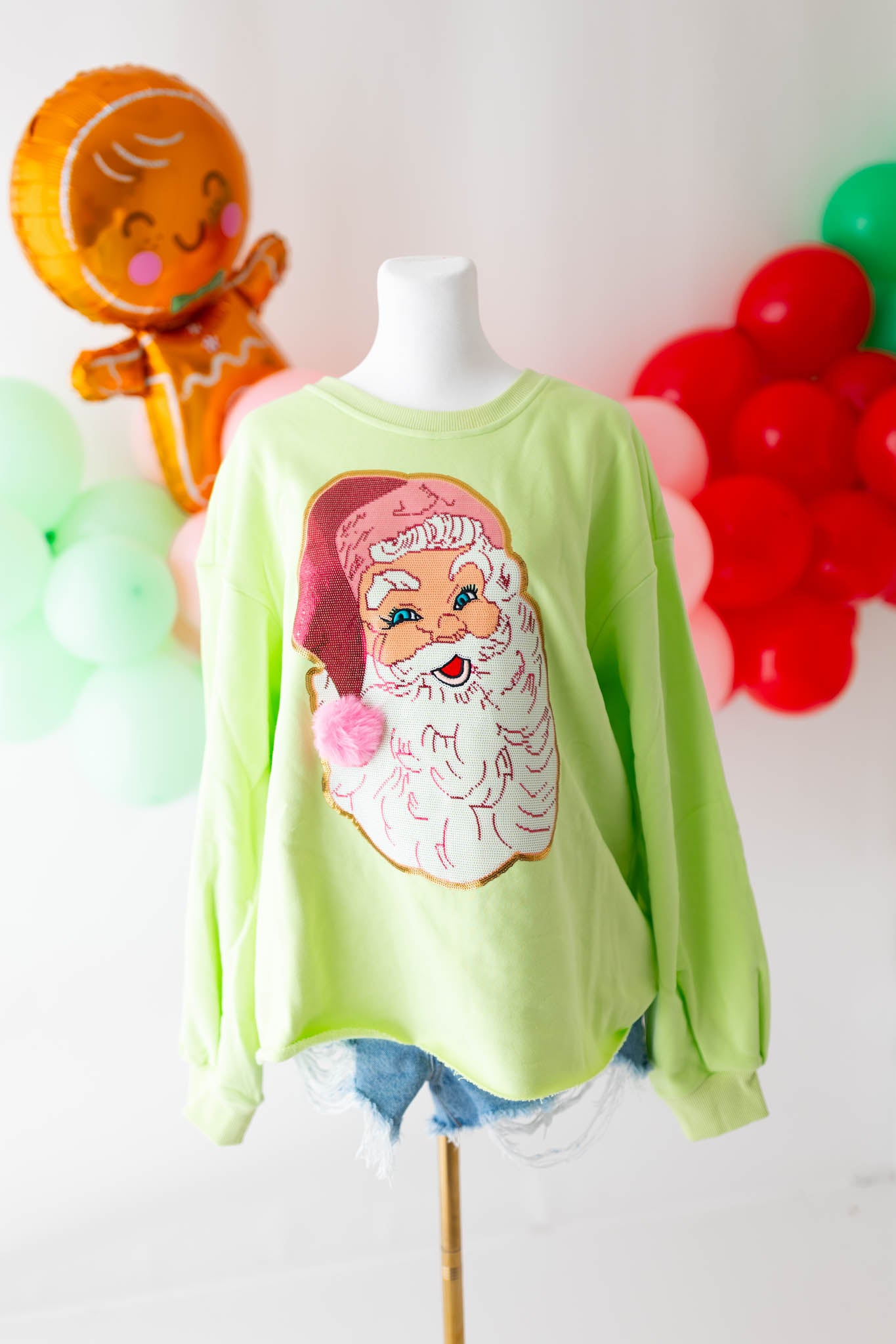 Long Sleeve Lime Green Jolly Santa Face Top Ready to ship