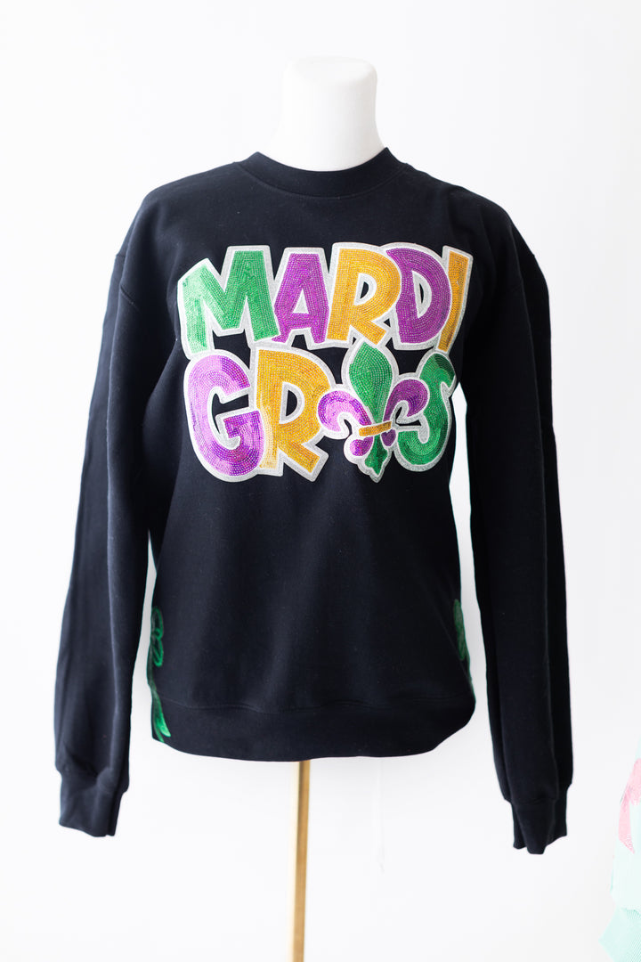 Sequin Mardi Gras Black Pullover with side Bows (ships 1-2 weeks)