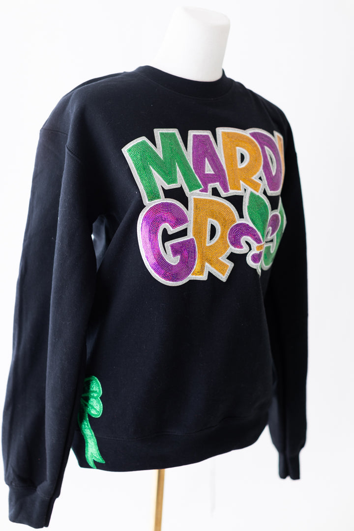 Sequin Mardi Gras Black Pullover with side Bows (ships 1-2 weeks)