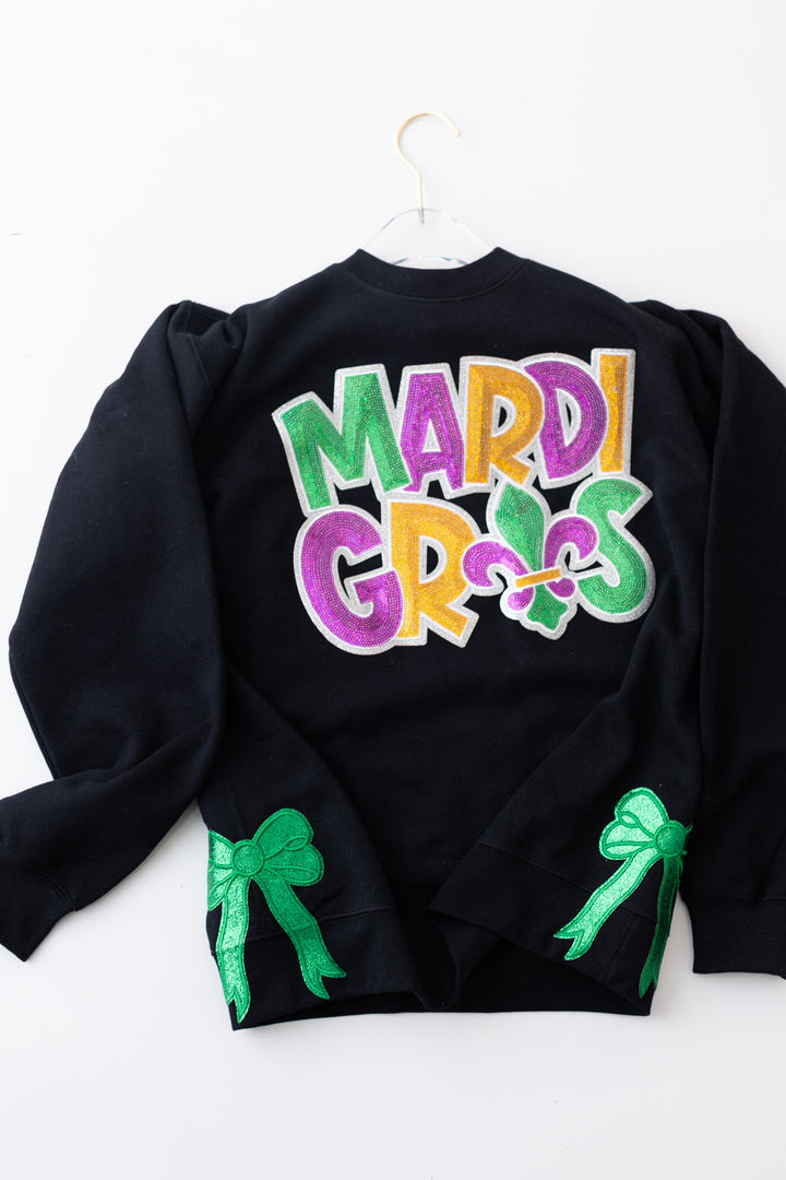 Sequin Mardi Gras Black Pullover with side Bows (ships 1-2 weeks)