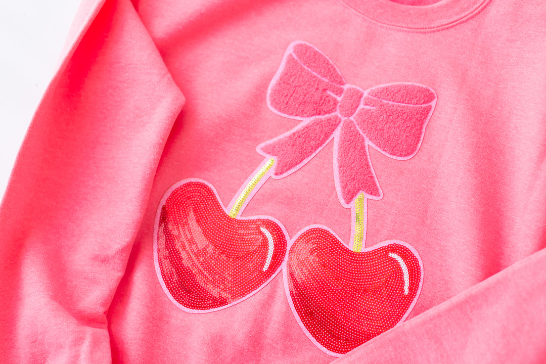 Sequin Heart Cherries Bright Pink Pullover