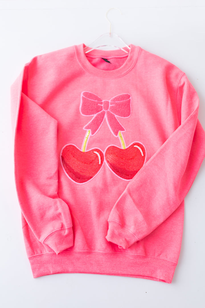 Sequin Heart Cherries Bright Pink Pullover