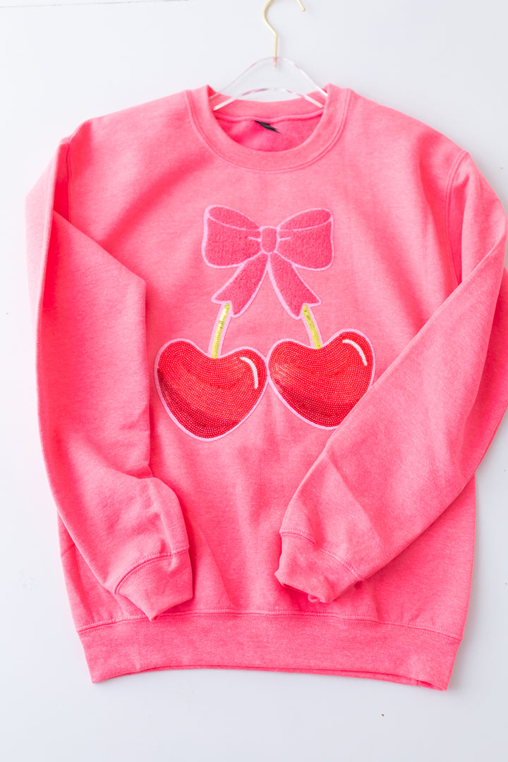 Sequin Heart Cherries Bright Pink Pullover