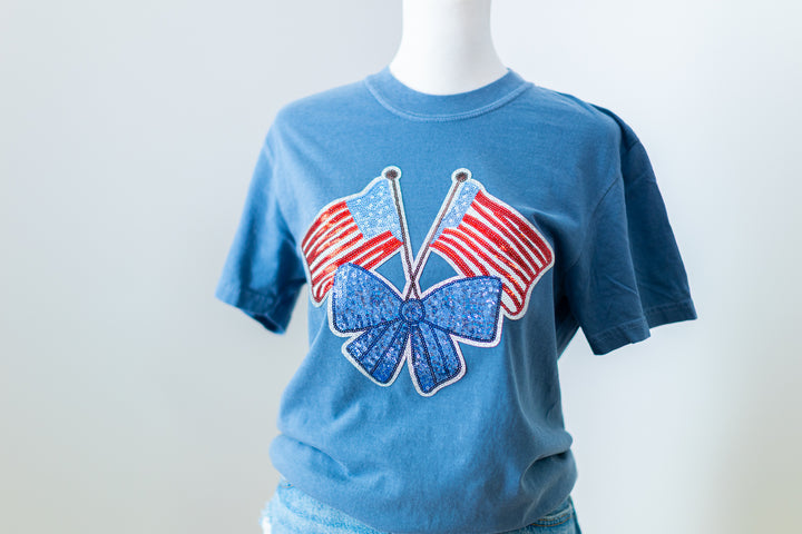 Comfort Color Dusty Blue Sequin American Flag Top (ships 2 weeks)