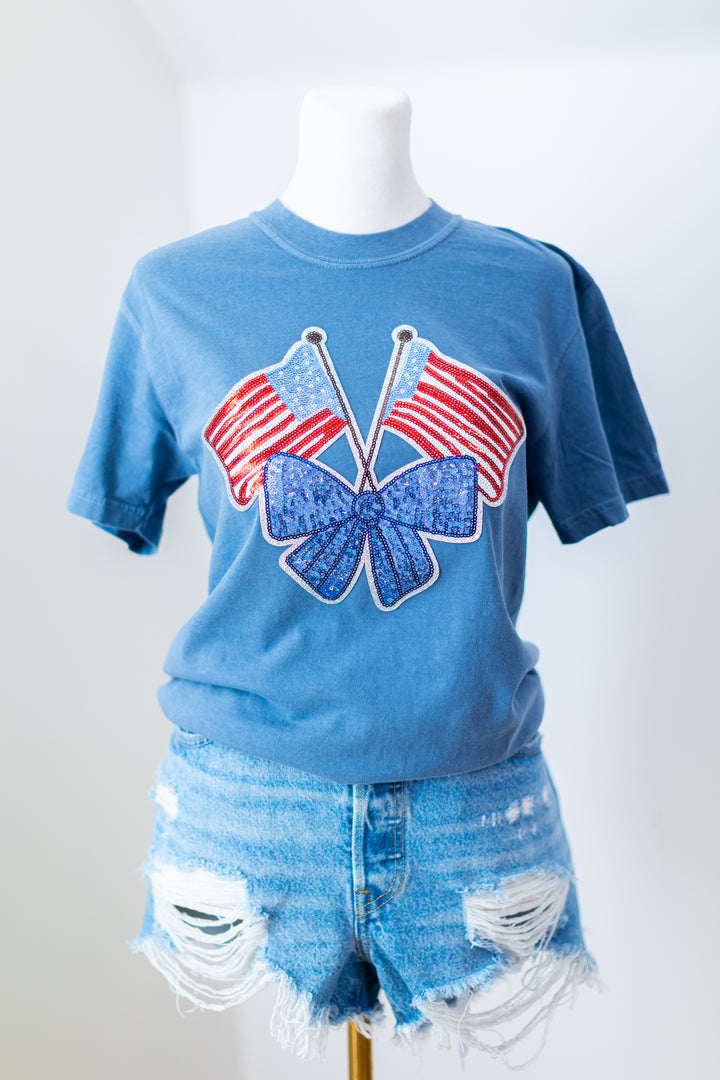 Comfort Color Dusty Blue Sequin American Flag Top (ships 2 weeks)
