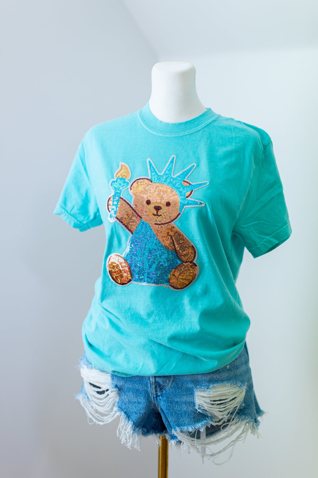 Sequin Lady Liberty Sequin Bear Comfort Color Tshirt ships 2 weeks