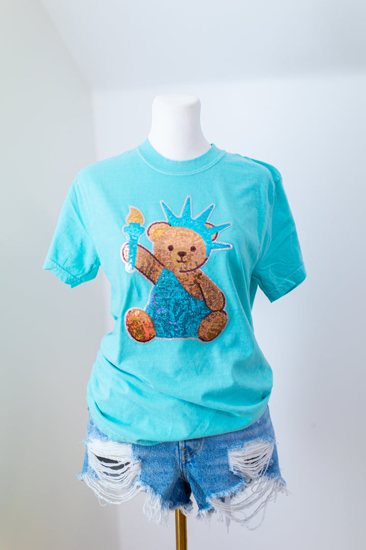 Sequin Lady Liberty Sequin Bear Comfort Color Tshirt ships 2 weeks
