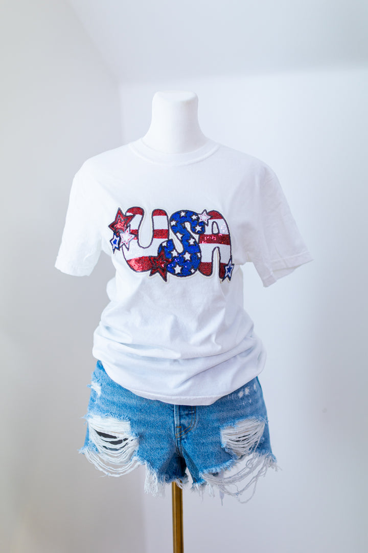 Sequin Usa White Comfort Color Shirt ships 2 weeks