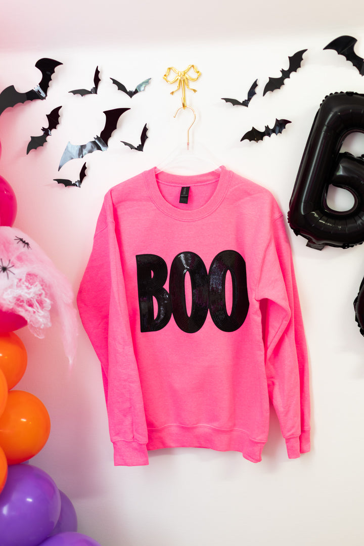 BLACK "BOO" ON HOT PINK  SEQUIN PULLOVER (SHIPS 2-3 weeks)