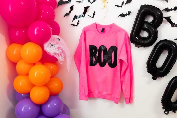 BLACK "BOO" ON HOT PINK  SEQUIN PULLOVER (SHIPS 2-3 weeks)