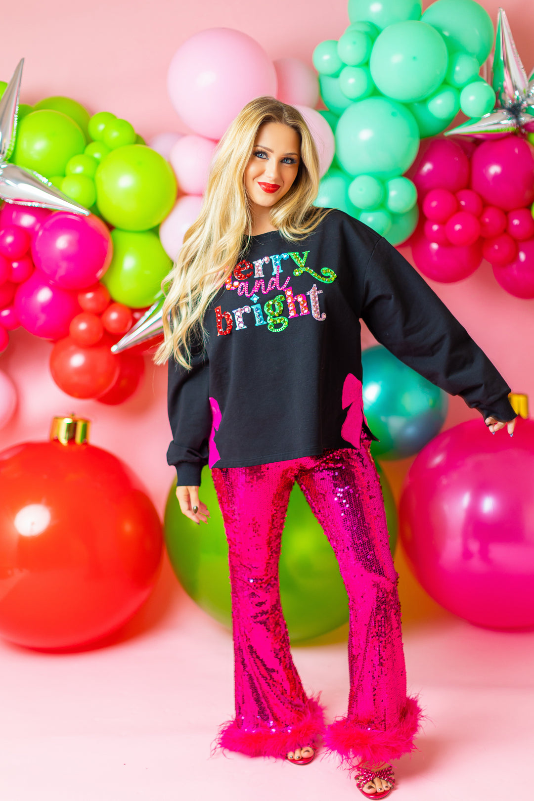 Pink Sequin Pants With Feathers RTS