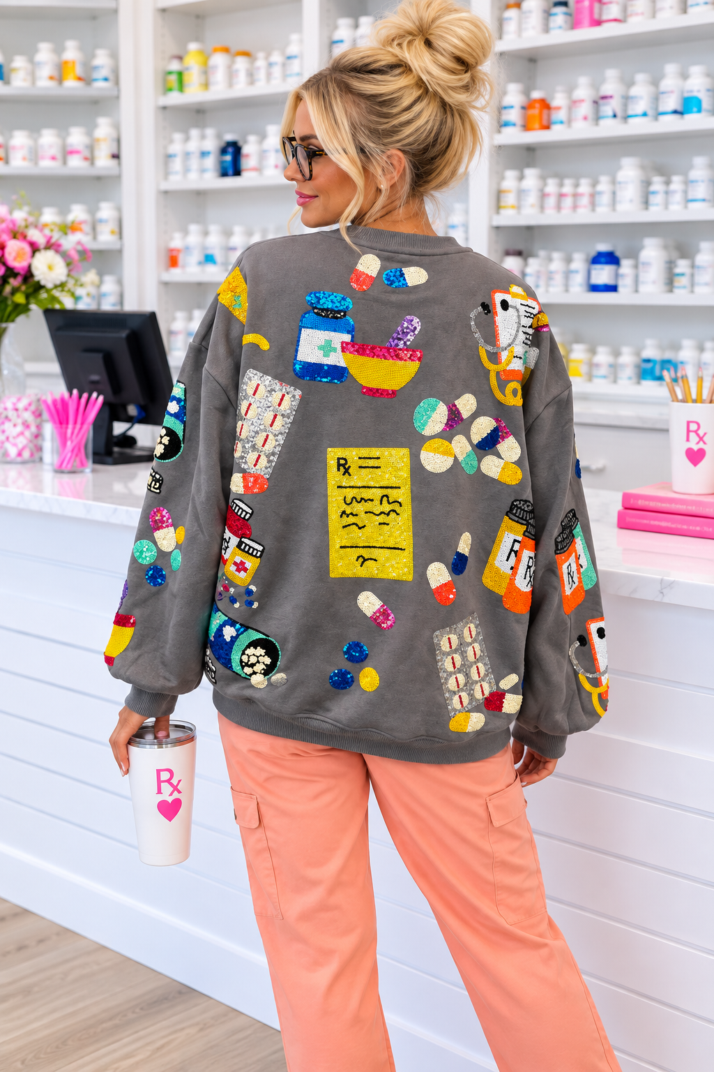 GRAY SEQUINED PHARMACY PULLOVER RTS (READY TO SHIP)