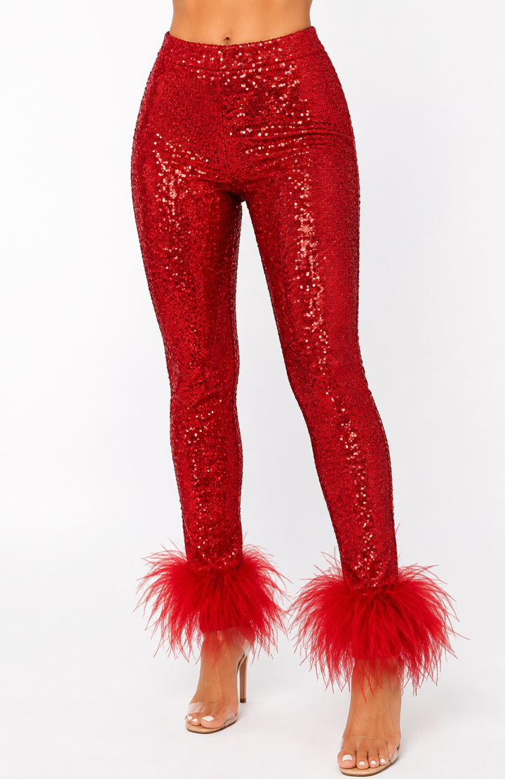 RED SEQUIN FEATHER LEGGINGS (PREORDER)