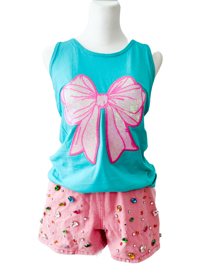 Sequin Coquette Bow Teal Tank (ships 2 weeks)