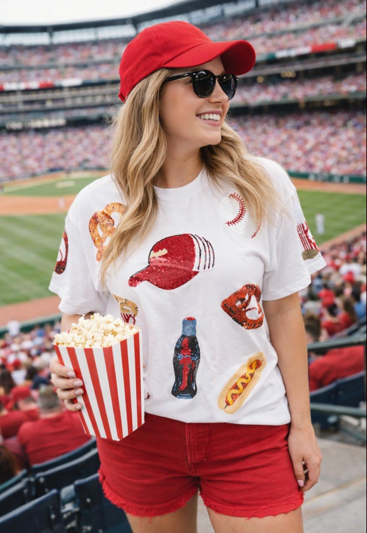 TAKE ME OUT TO THE BALLGAME SEQUIN TSHIRT WHITE READY TO SHIP