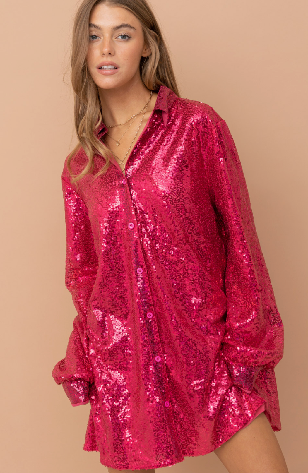 Hot Pink Sequin Button Down Dress RTS