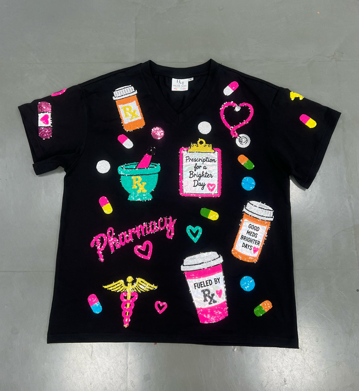 PHARMACY BLACK SEQUINED TSHIRT (PREORDER)