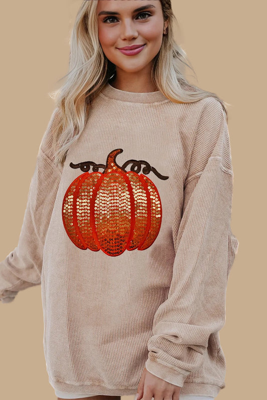 Apricot Crinkle Ribbed Halloween Sequin Pumpkin Graphic Sweatshirt (ships 2 weeks)