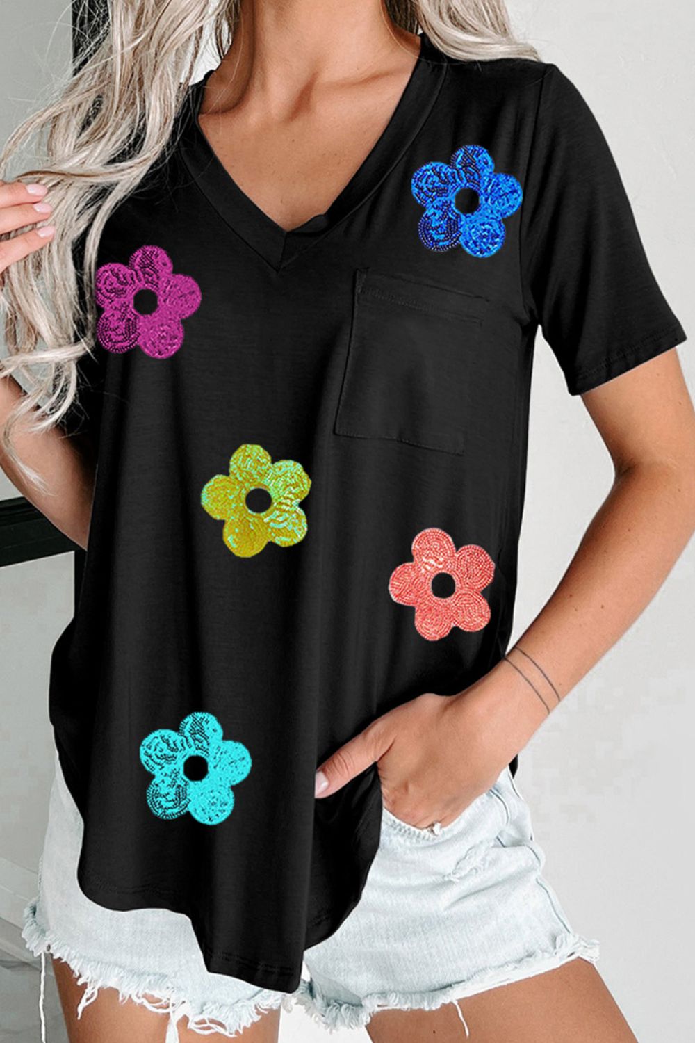 Sequin Flower V-Neck Short Sleeve T-Shirt ships 2 weeks