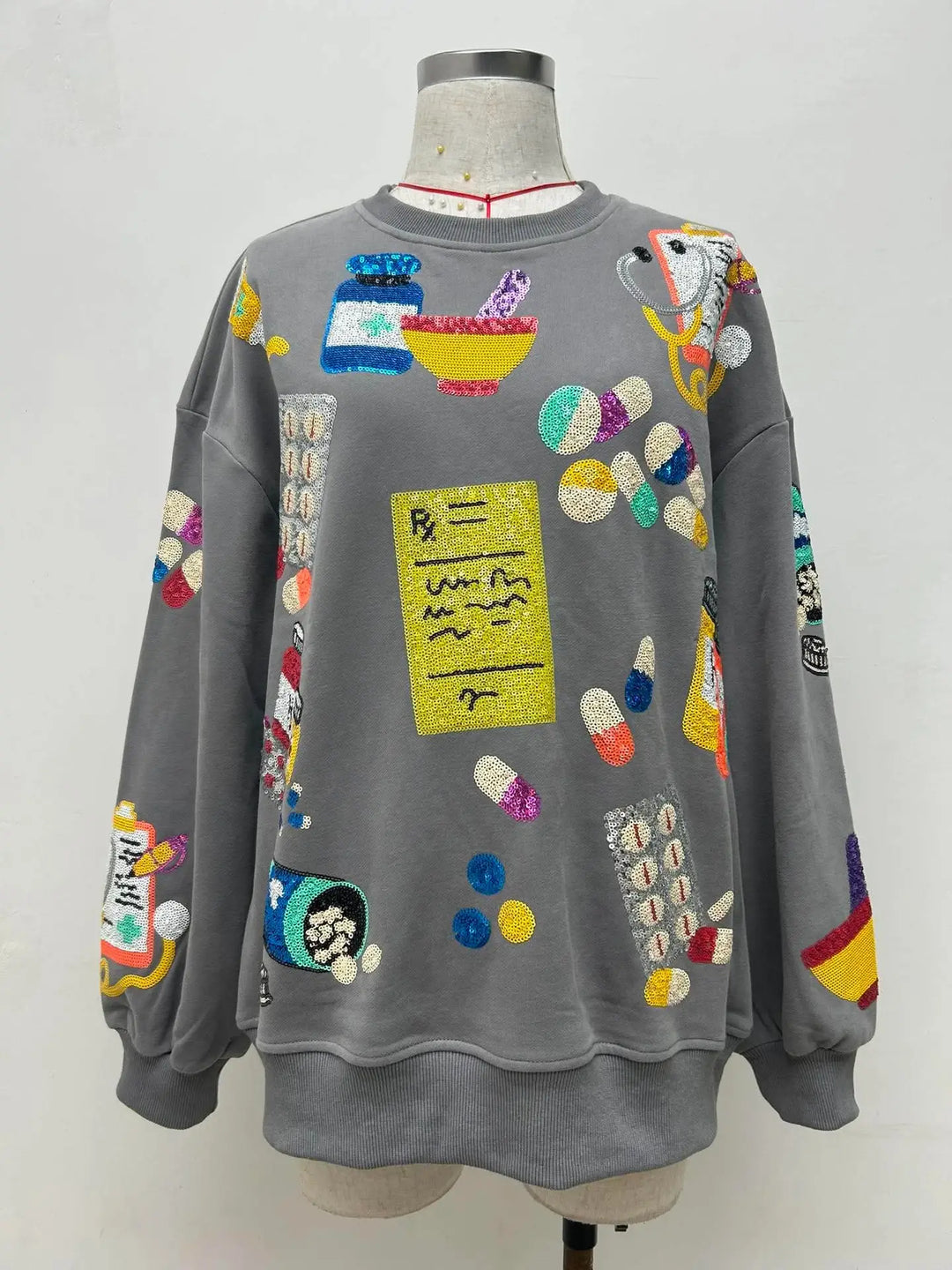 GRAY SEQUINED PHARMACY PULLOVER RTS (READY TO SHIP)