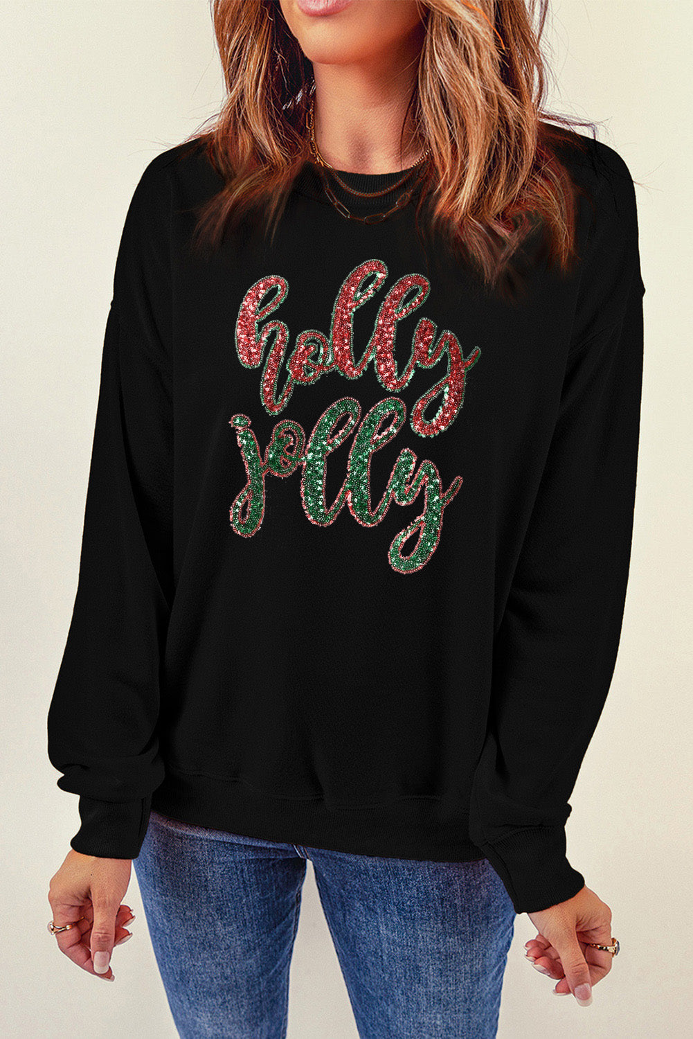 Black Christmas Sequined Holly Jolly Graphic Sweatshirt (ships 2-3weeks)