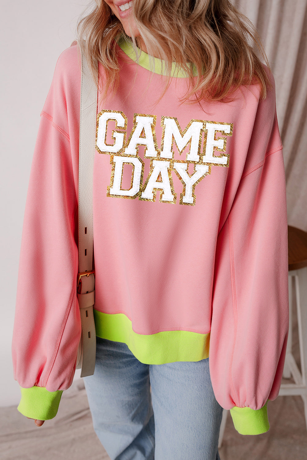 Pink GAME DAY Graphic Color Block Crew Neck Sweatshirt (ships 2-3 weeks)