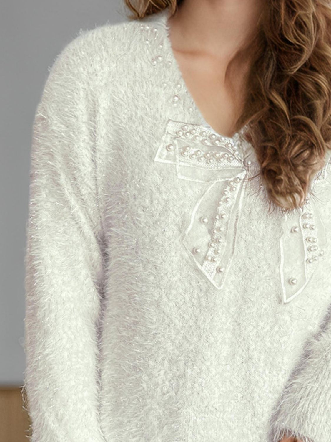 Bow Pearl Detail V-Neck Long Sleeve Sweater (ships 2-3 weeks) 2 colors