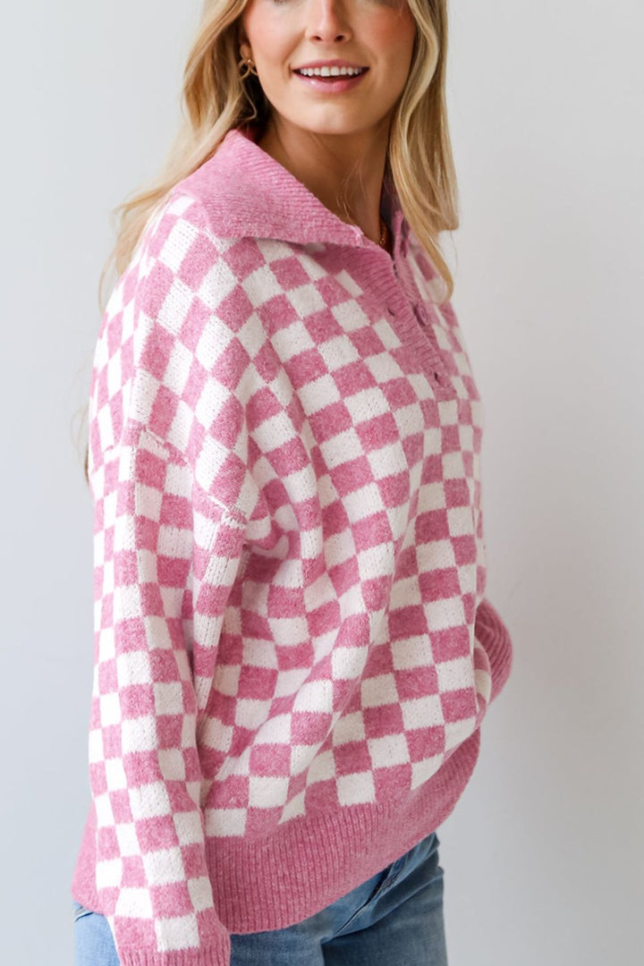 Pink Checkered Collared Neck Long Sleeve Sweater(ships 1-2 weeks)