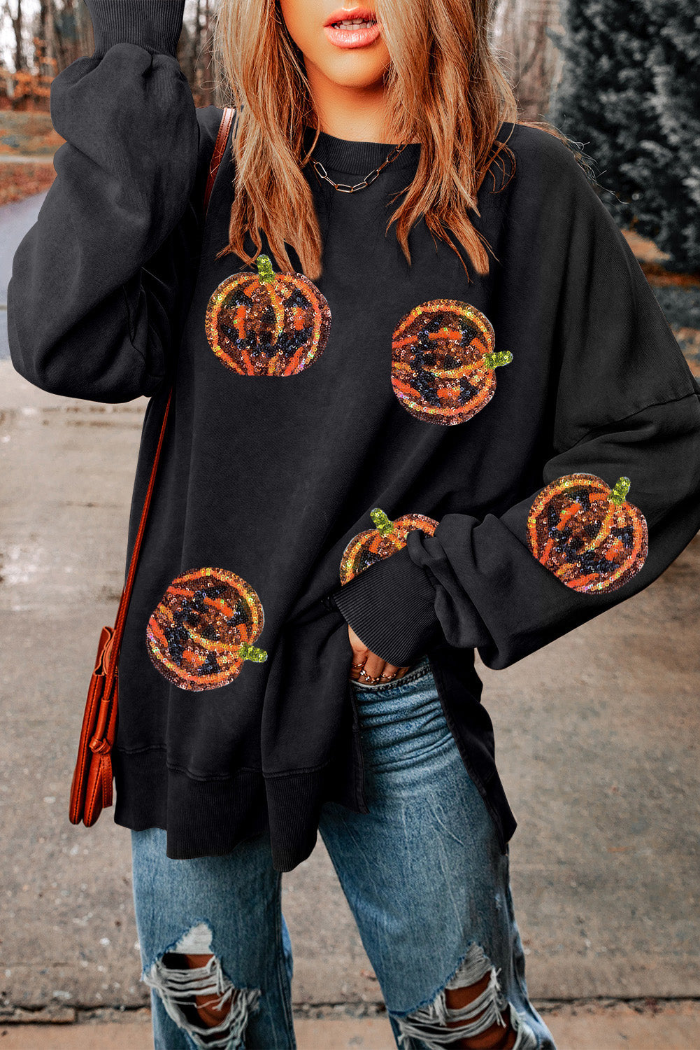 Pumpkin Print Dropped Shoulder Sweatshirt (ships in 2 weeks)