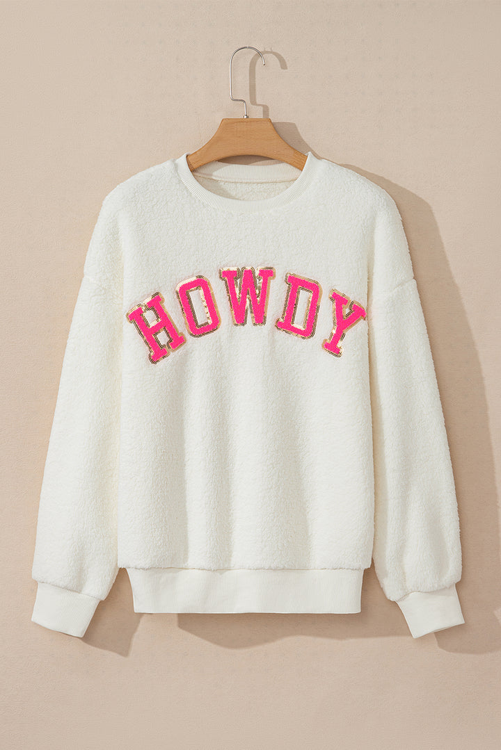 HOWDY Patched Round Neck Sherpa Sweatshirt (ships 1-2 weeks)