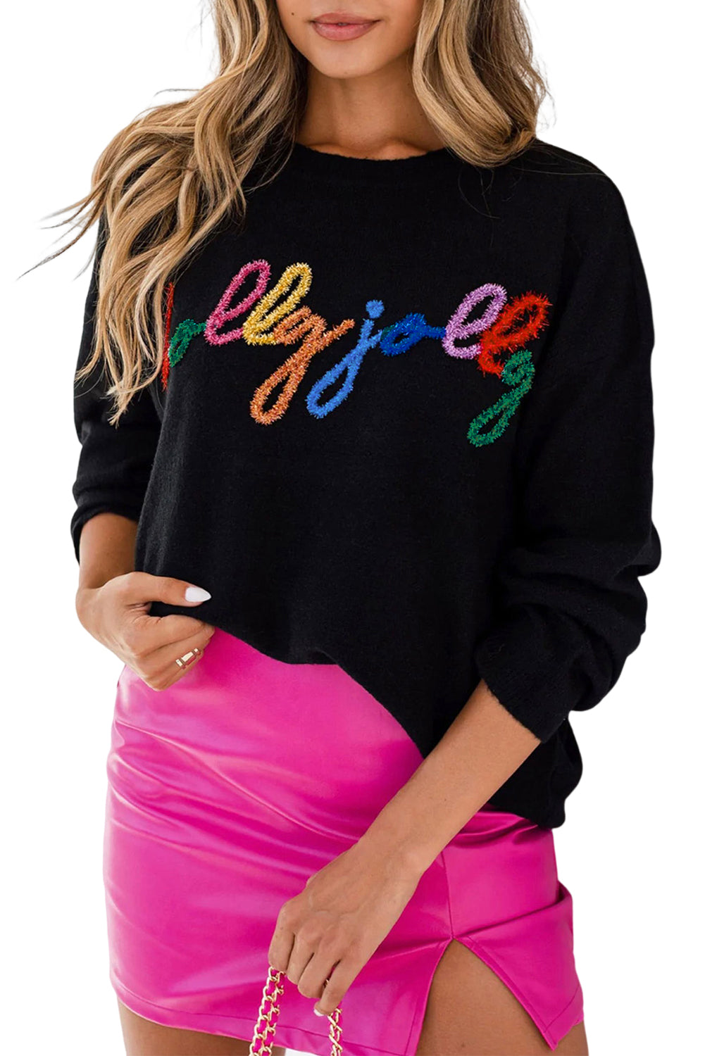 White Glitter Merry & Bright Round Neck Knit Sweater ships 2-3 weeks