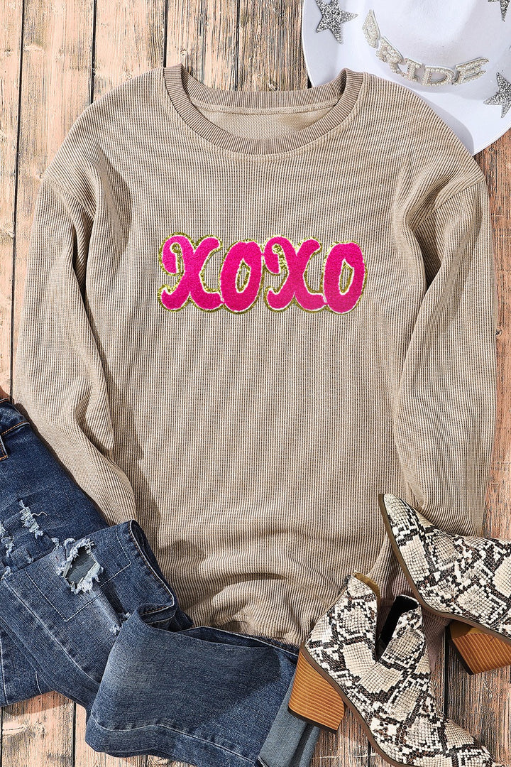 XOXO Sequin Round Neck Dropped Shoulder Sweatshirt ships 1-2 weeks