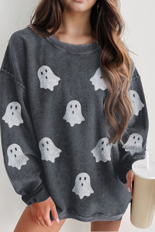 Glitter Ghost Round Neck Long Sleeve Sweatshirt ships 2-3 weeks