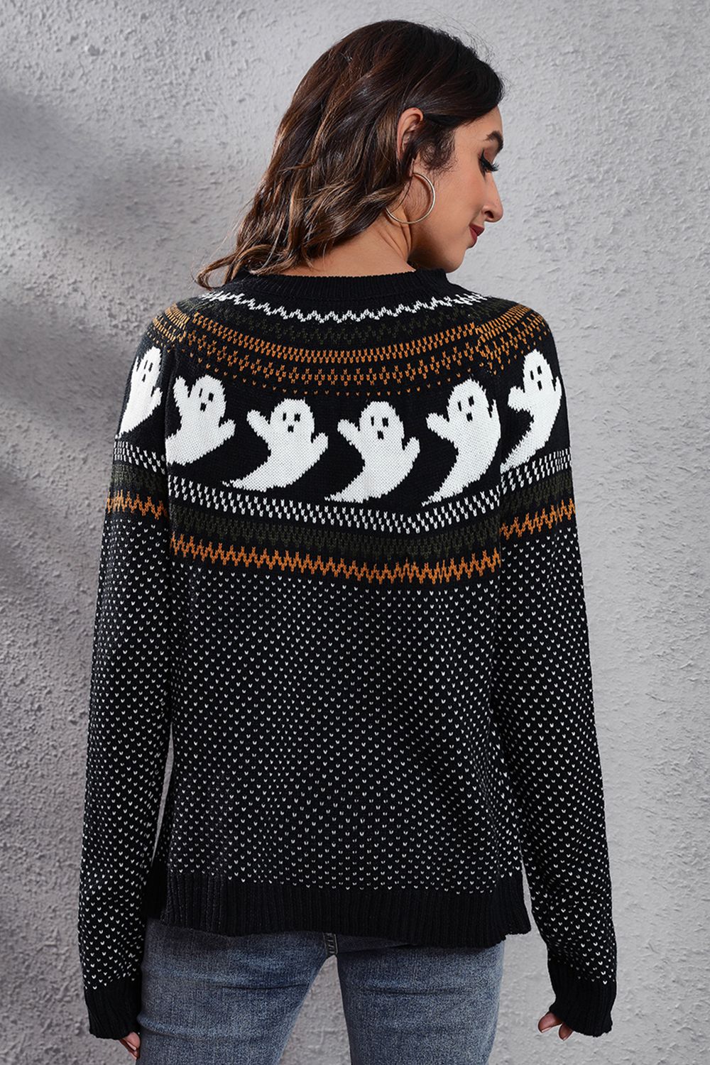 Ghost Pattern Round Neck Long Sleeve Sweater (ships in 2 weeks)