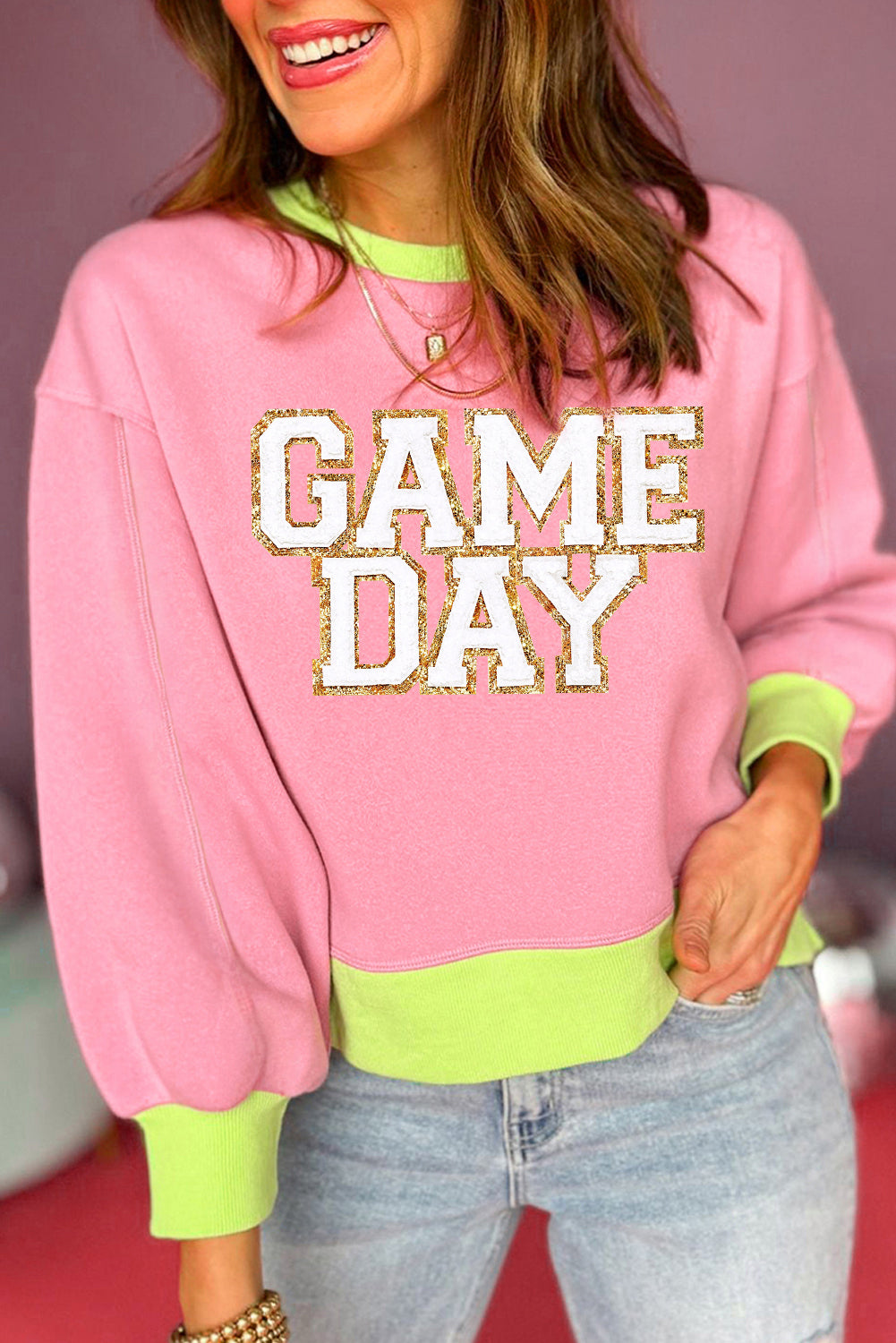 Pink GAME DAY Graphic Color Block Crew Neck Sweatshirt (ships 2-3 weeks)