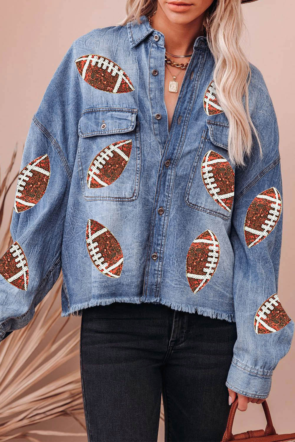 Sky Blue Sequin Rugby Graphic Flap Pockets Raw Hem Denim Jacket