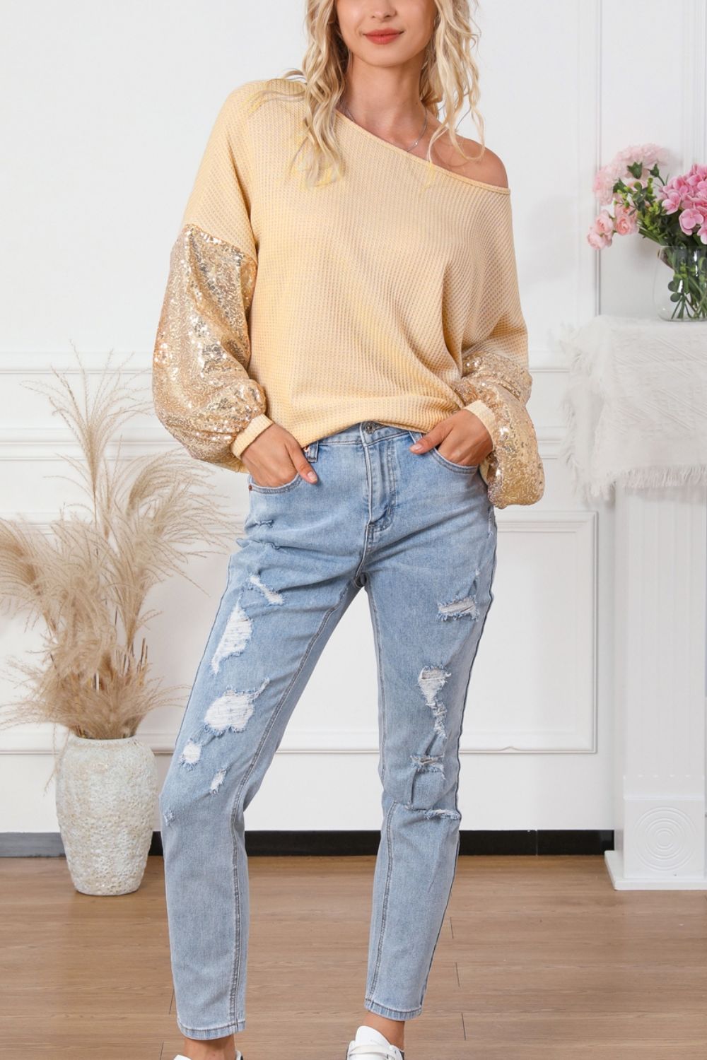 Sequin Crisscross Boat Neck Long Sleeve Blouse (ships 1-2 weeks)