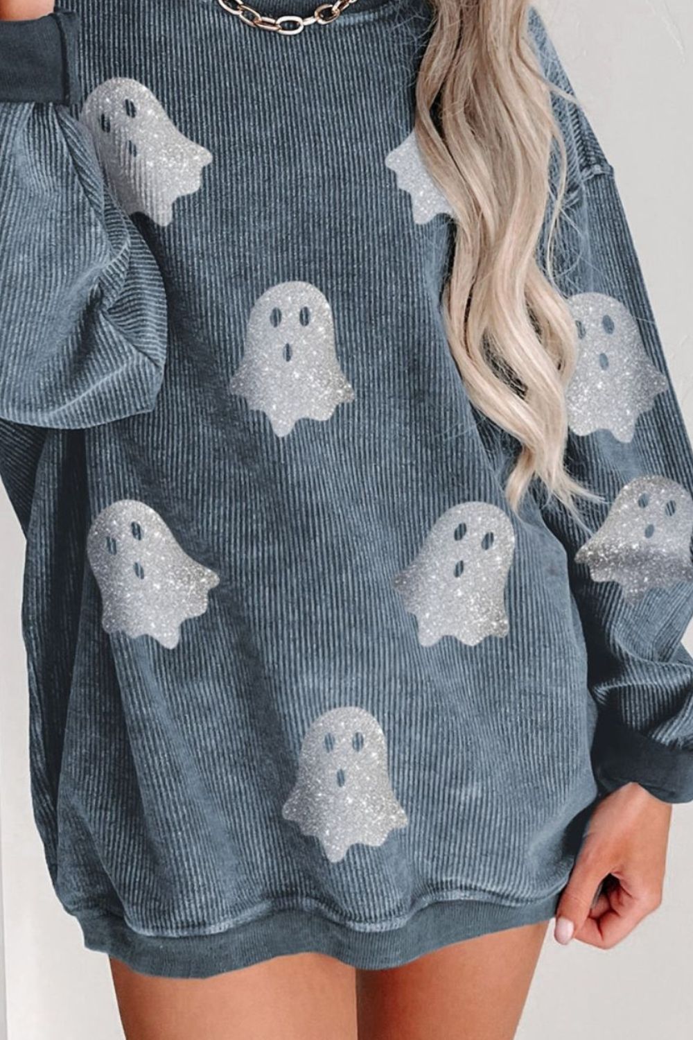 Glitter Ghost Round Neck Long Sleeve Sweatshirt ships 2-3 weeks