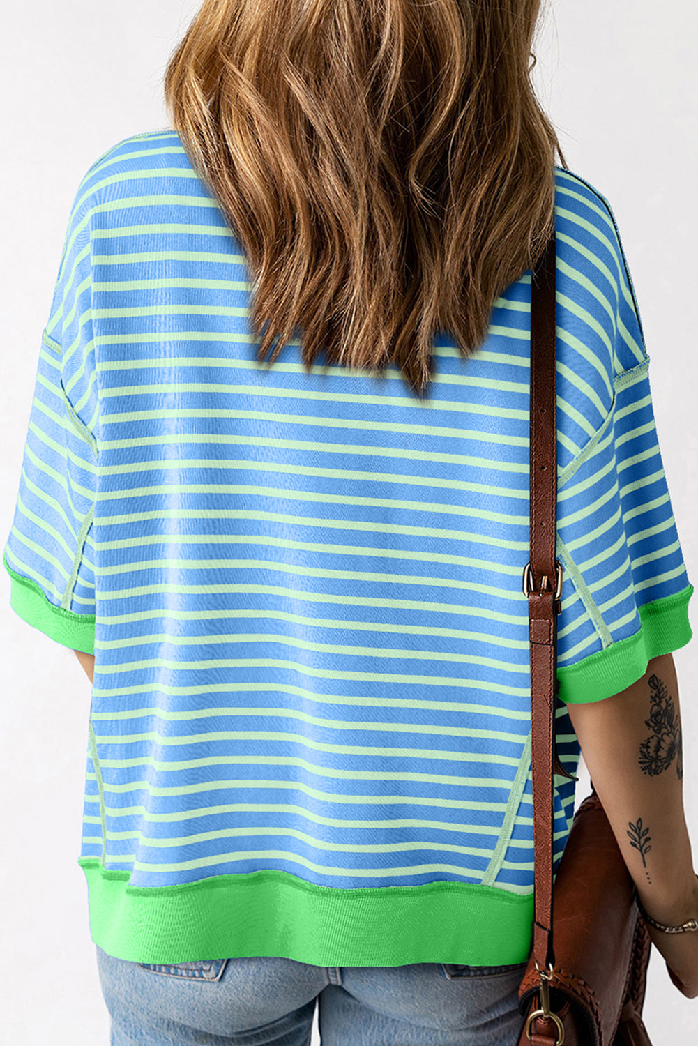 Sky Blue Stripe Sequin Cactus Graphic Half Sleeve Contrast Edge T Shirt (preorder)