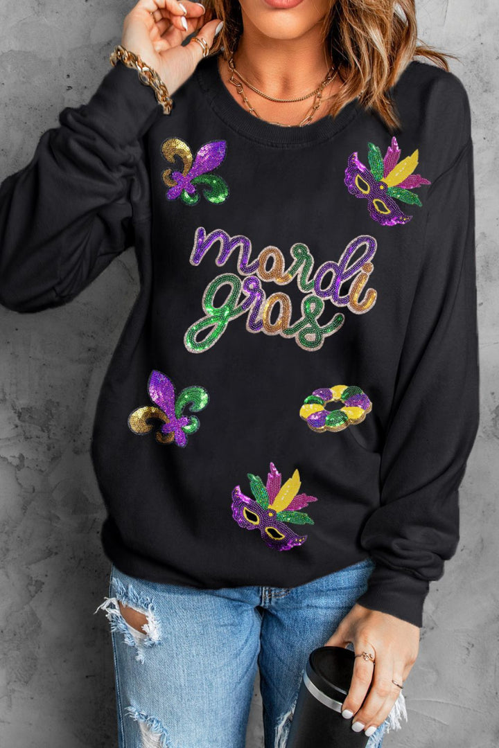 MARDI GRAS Sequin Round Neck Sweatshirt ships 1-2 weeks