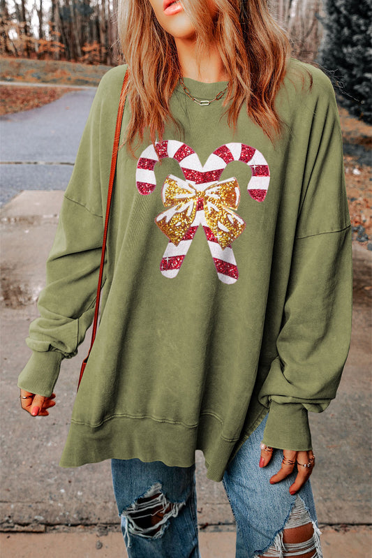 Sequin Candy Cane Round Neck Slit Sweatshirt ships 2-3 weeks