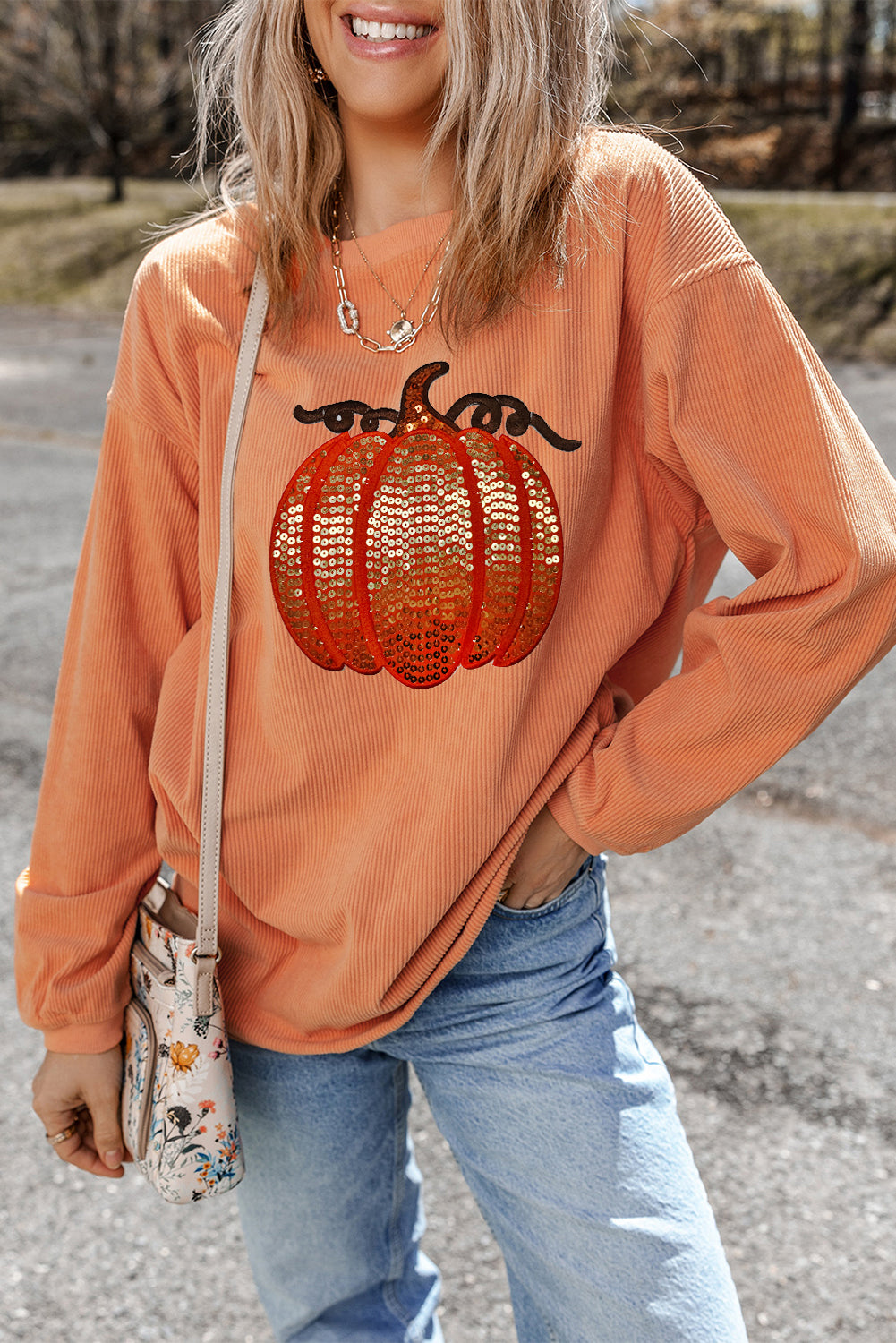 Apricot Crinkle Ribbed Halloween Sequin Pumpkin Graphic Sweatshirt (ships 2 weeks)