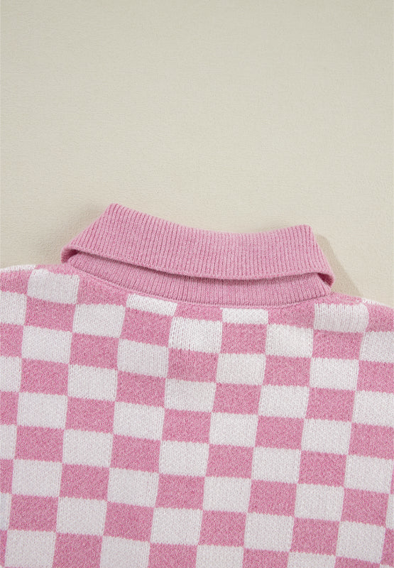 Pink Checkered Collared Neck Long Sleeve Sweater(ships 1-2 weeks)